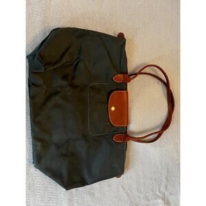 Longchamp Le Pliage Large Tote Navy Nylon Brown Leather